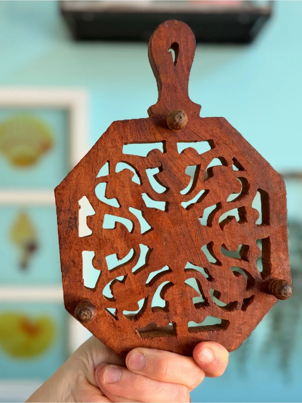 Vintage Rustic Hand-Carved Wooden Trivet with Floral Cutout